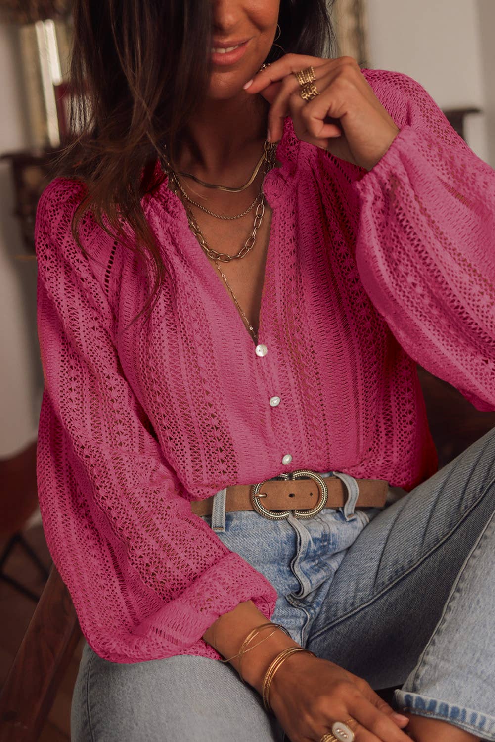 V-NECK LONG SLEEVE BUTTON UP LACE SHIRT