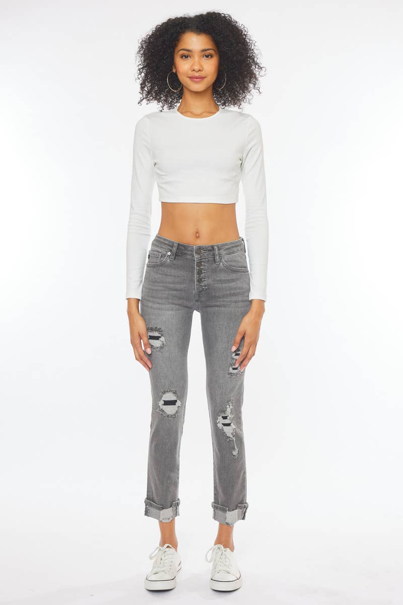 KANCAN GREY BUTTON UP DISTRESSED JEANS