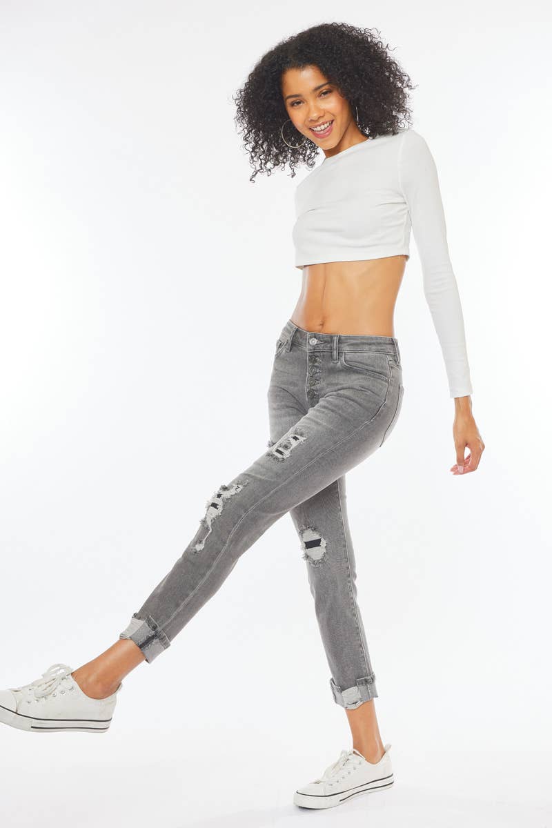 KANCAN GREY BUTTON UP DISTRESSED JEANS