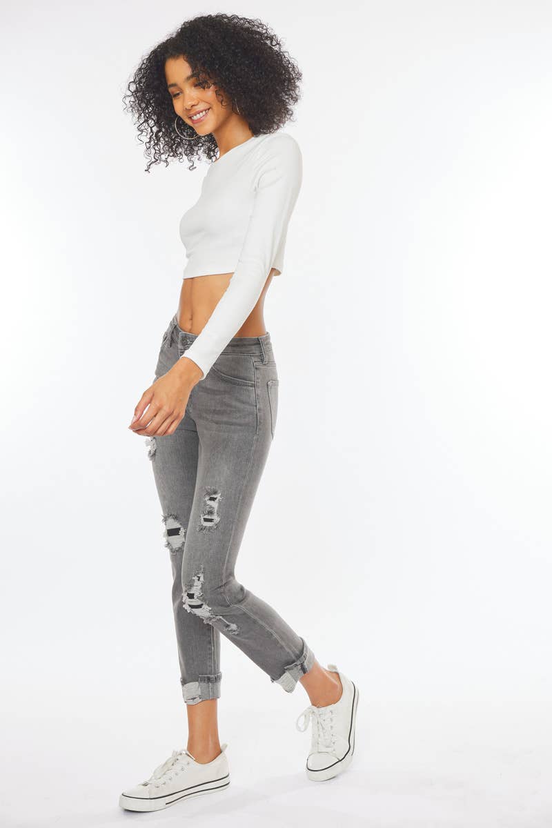 KANCAN GREY BUTTON UP DISTRESSED JEANS