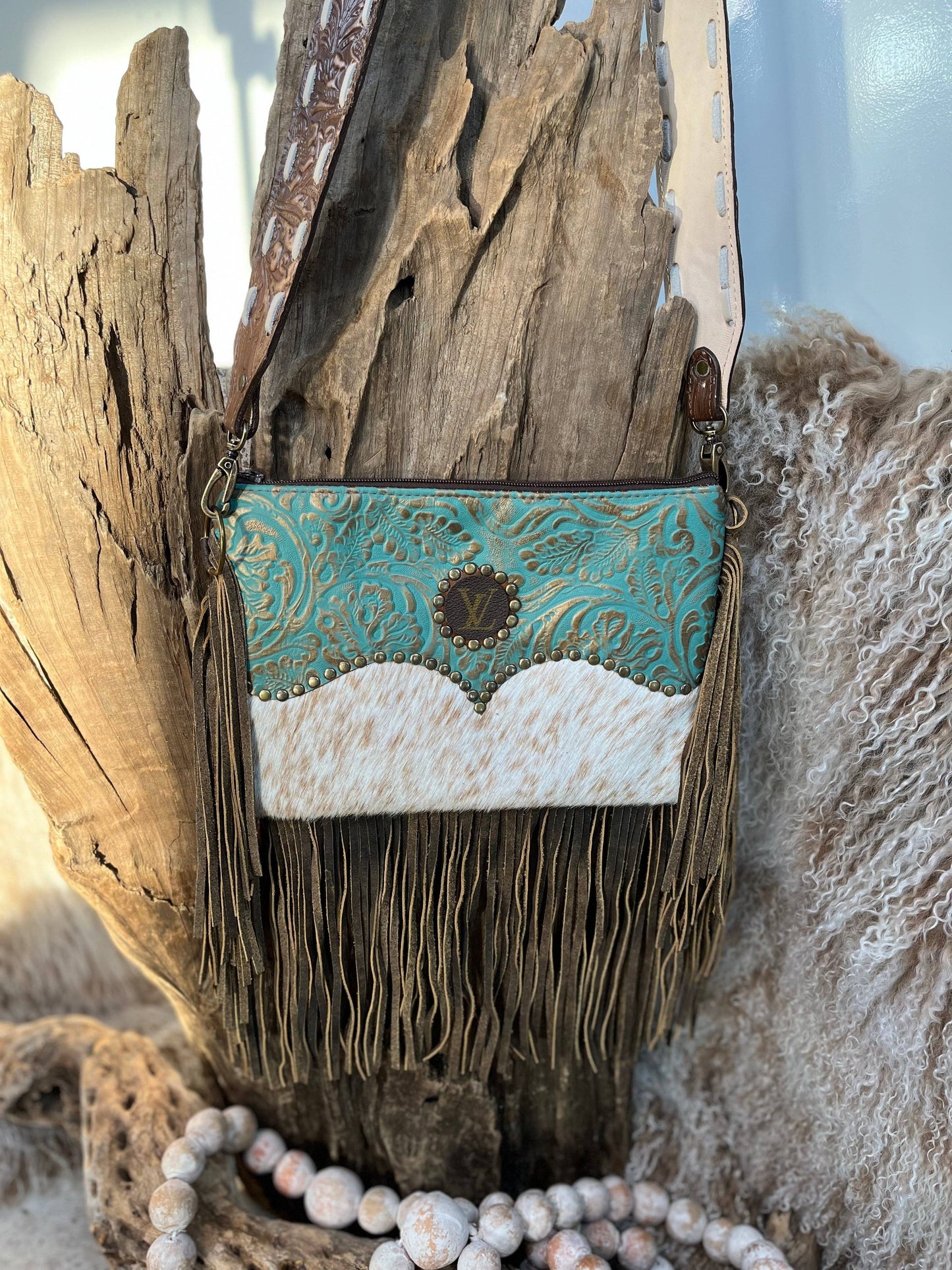 UPCYCLED TURQUOISE COWHIDE FRINGE PURSE
