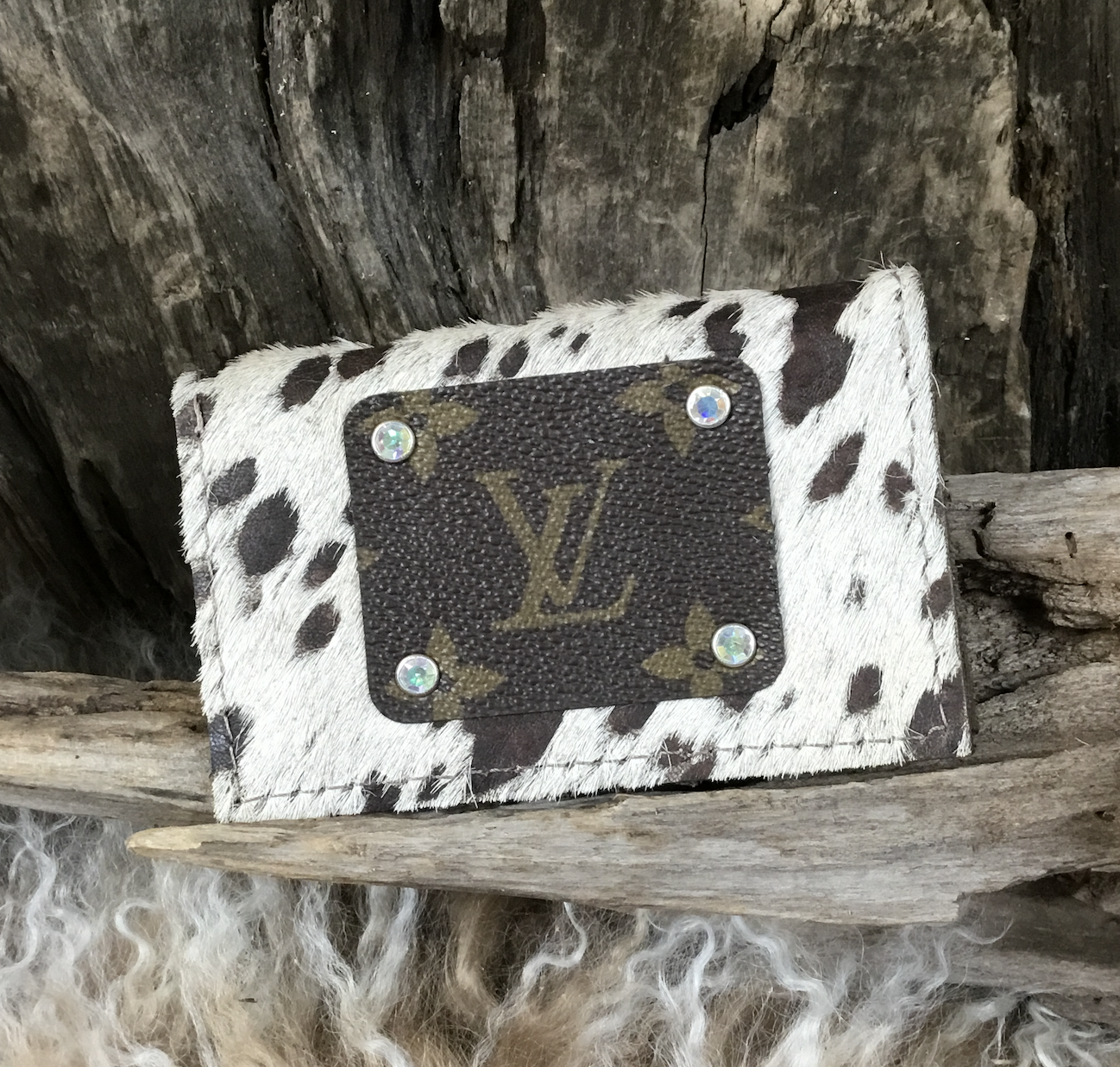 UPCYCLED LV GREY COW PRINT CREDIT CARD HOLDER