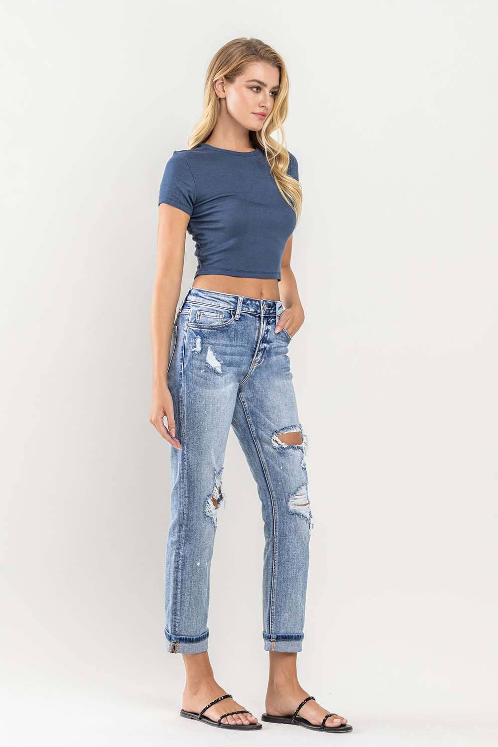 HIGH RISE CUFFED DISTRESSED JEANS