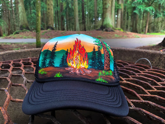 HAND PAINTED CAMPFIRE TRUCKER HAT SNAPBACK