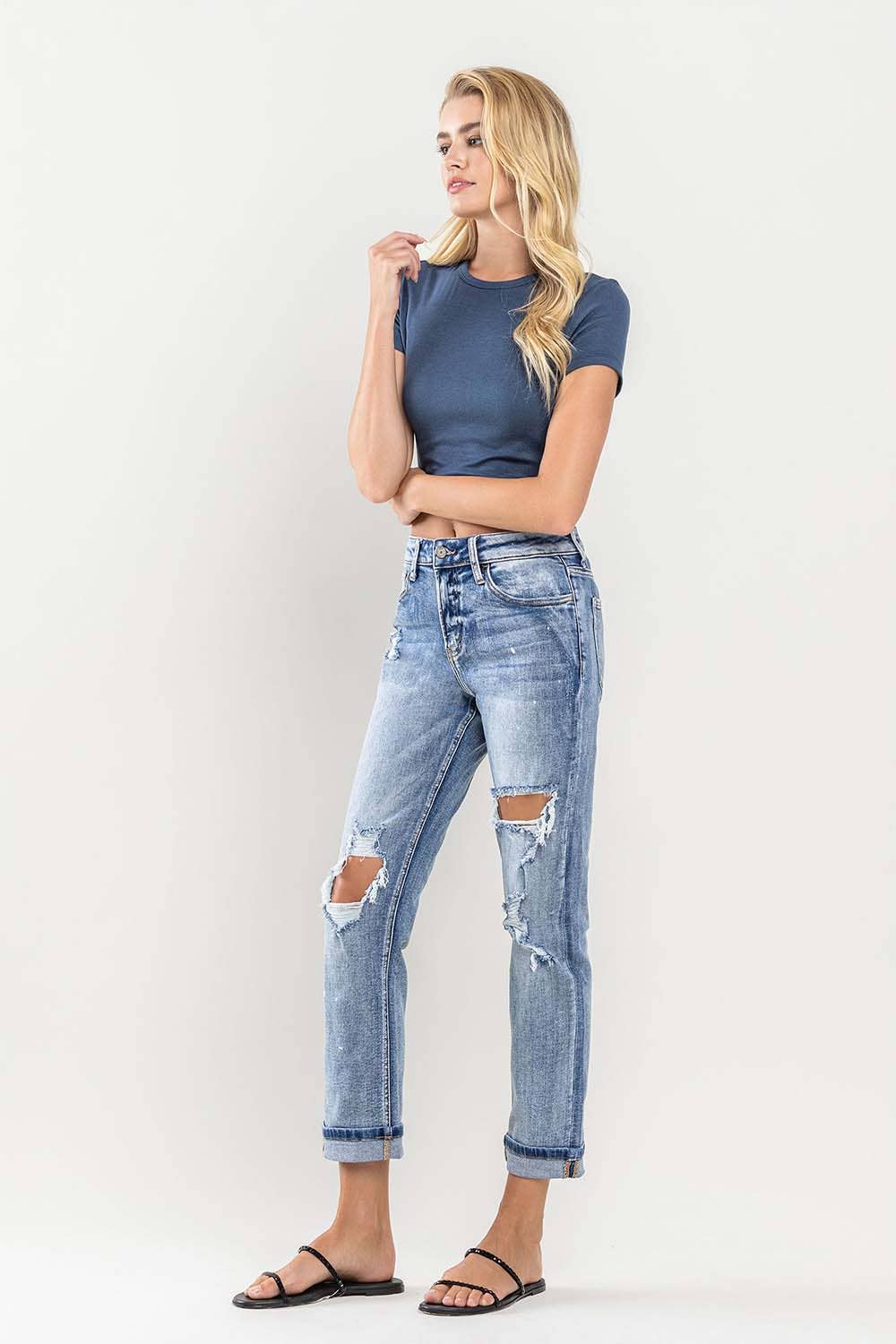 HIGH RISE CUFFED DISTRESSED JEANS