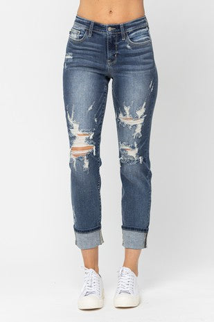 JUDY BLUE MID-RISE CUFFED DESTROY BOYFRIEND JEANS