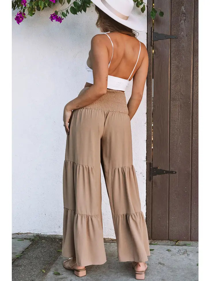 LACE UP SMOCKED WAIST TIERED WIDE LEG PANTS