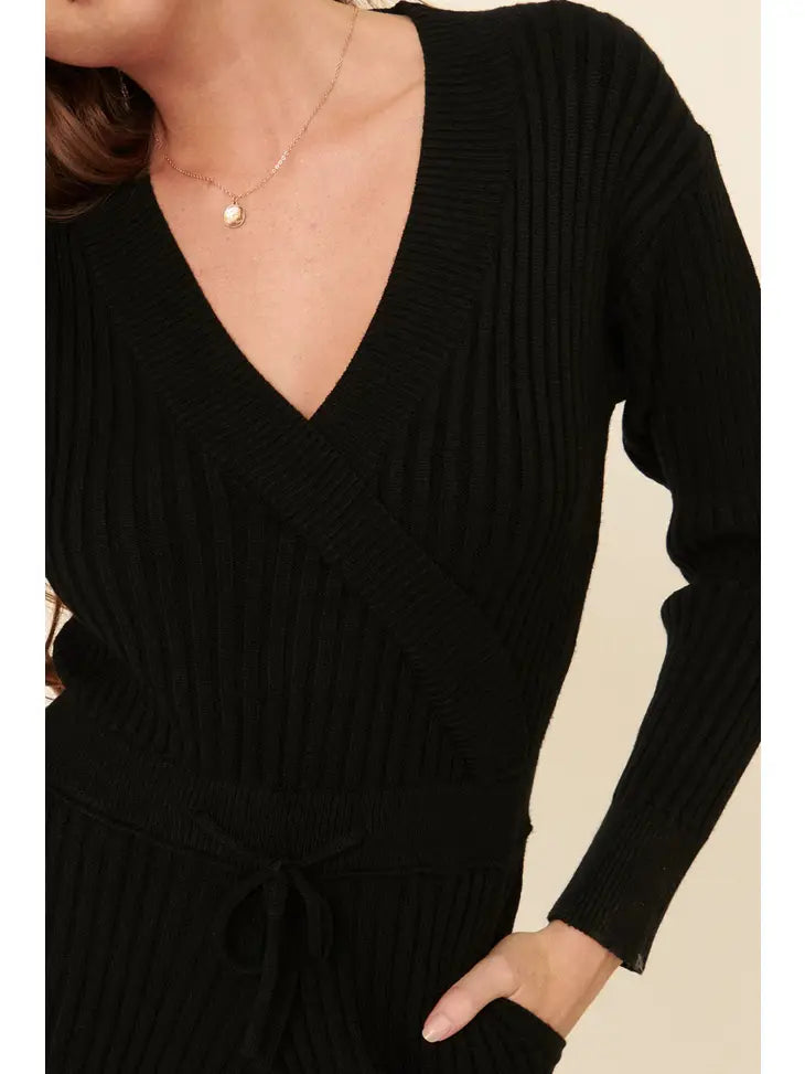 RIBBED KNIT SURPLICE SWEATER JUMPSUIT