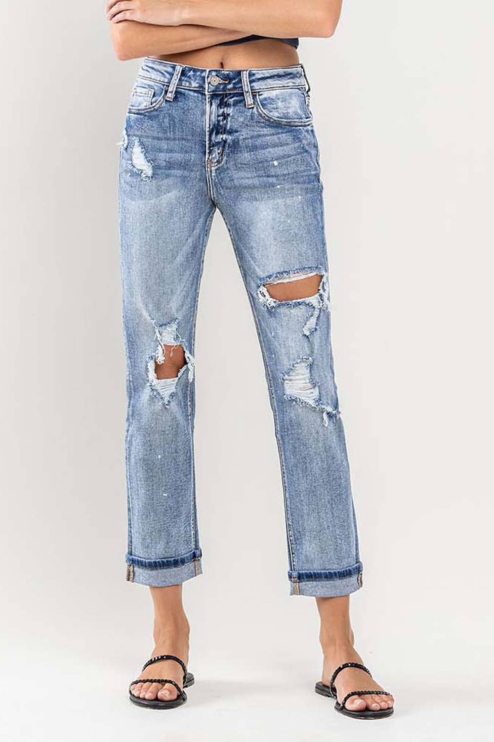 HIGH RISE CUFFED DISTRESSED JEANS